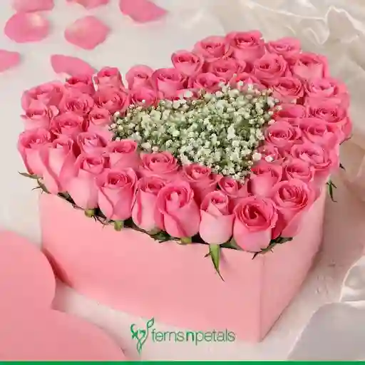 Caja En Forma De Corazón Con Rosas Rosadas Y Gypsophila