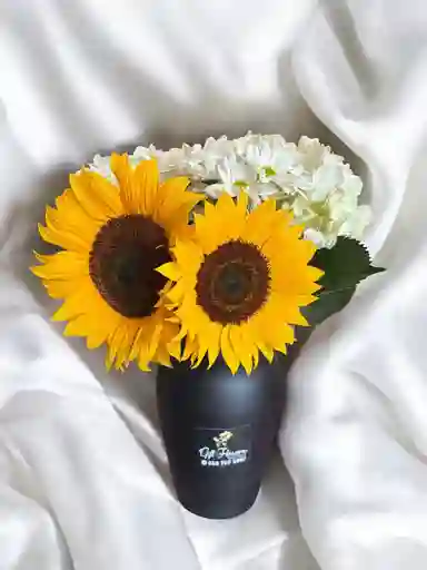 Jarron Negro Con Girasol, Margarita Y Hortencias