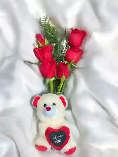 Solitario De Rosas Rojas Con Peluche Pequeño