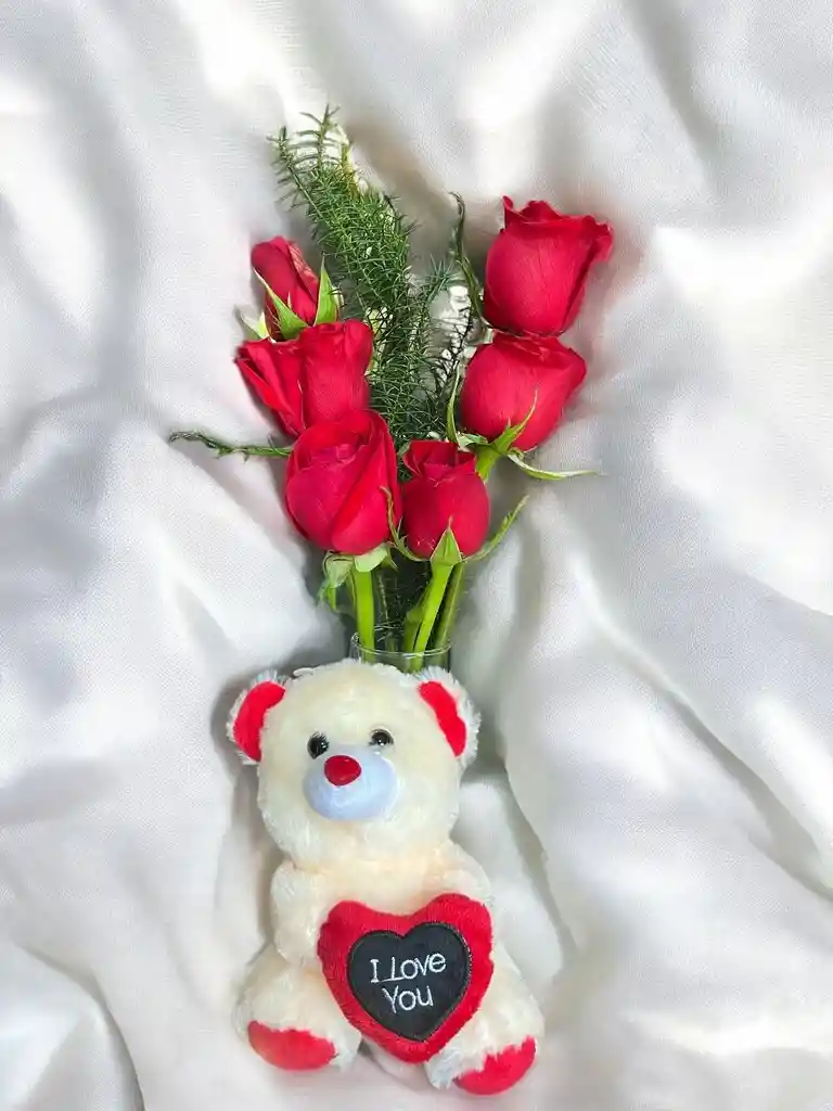 Solitario De Rosas Rojas Con Peluche Pequeño