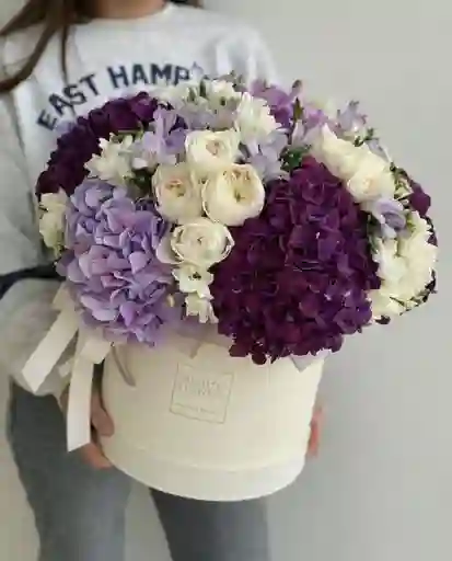 Caja Morada De Hortencia, Rosa Y Astromelia