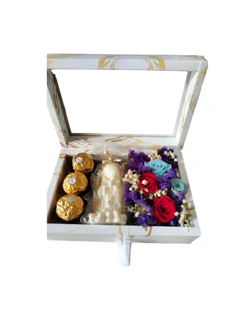 Caja Con Vela Virgen Chocolates Y Mini Rosas Preservadas