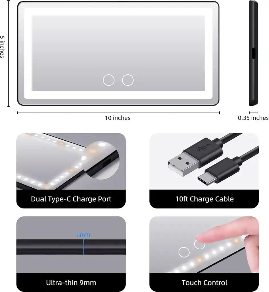 Espejo Led Carro Recargable Usb