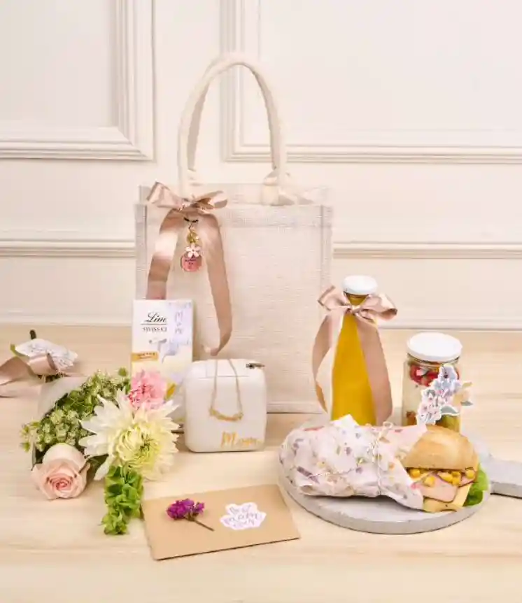 Desayuno Sorpresa Día De La Madre Bolso Flores Y Cadenita