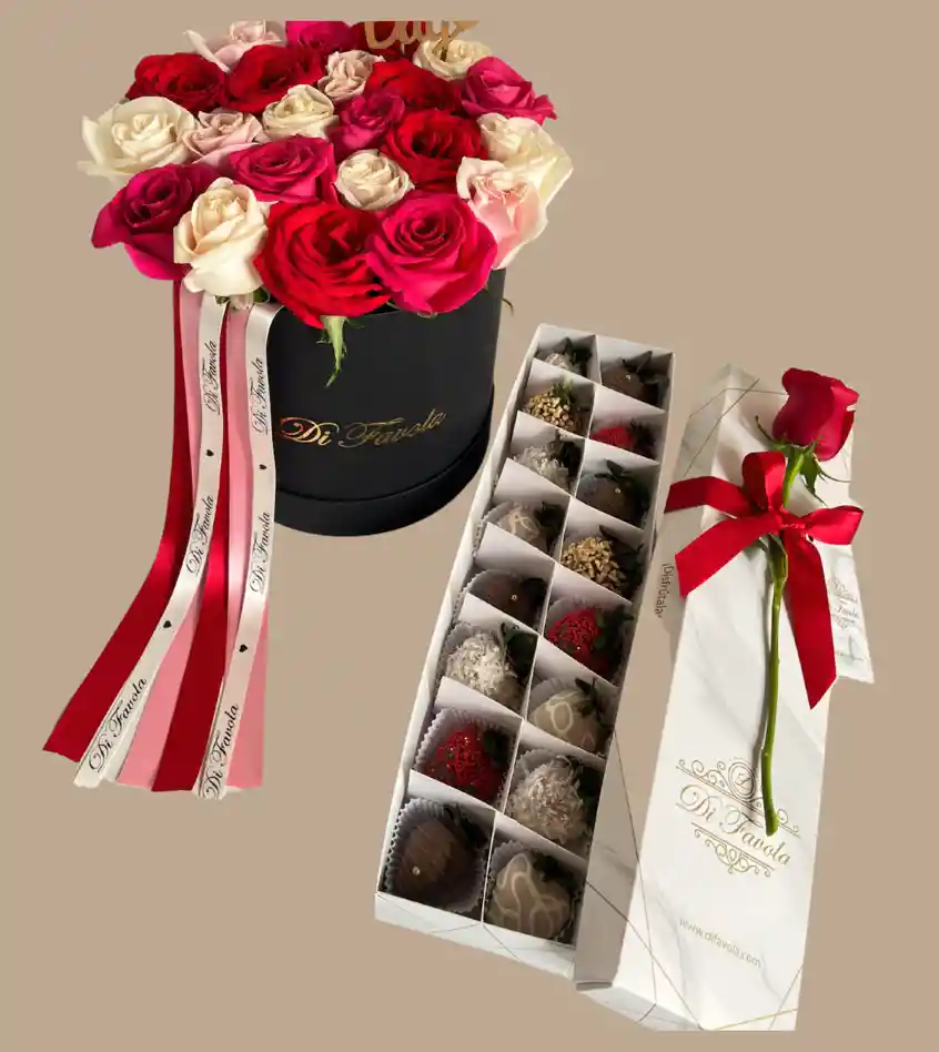 Hermoso Arreglo Floral Día De La Madre Cilindro.x 23 Rosas Surtidas + Caja X 16 Fresas Con Chocolate Y 1 Rosa