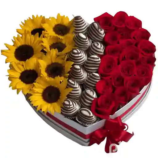 Corazón De Girasoles, Fresas Y Rosas