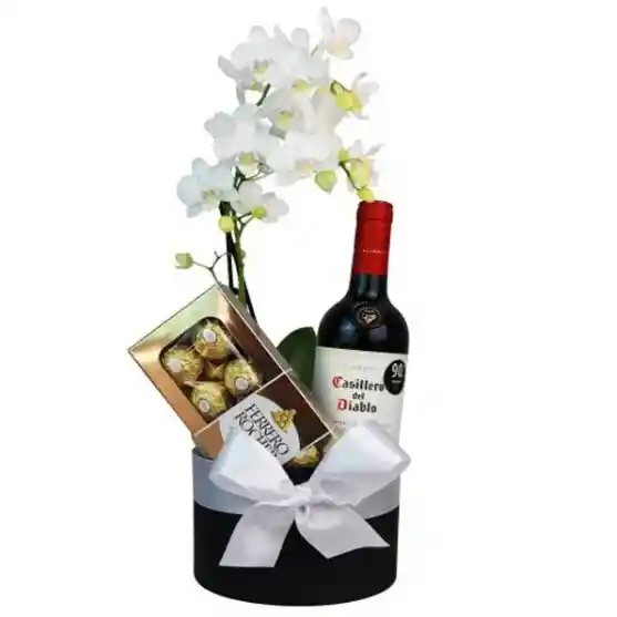 Orquidea En Planta Con Vino Y Chocolates