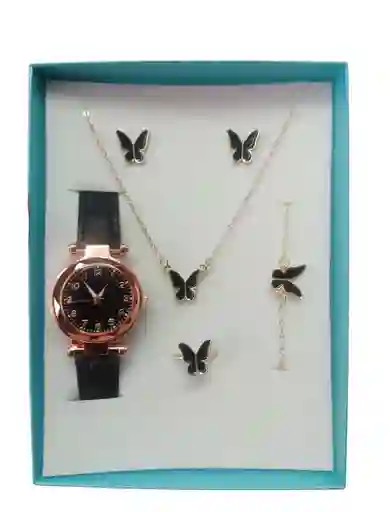 Kit Reloj Negro Para Mujer + Juego De Collar Aretes