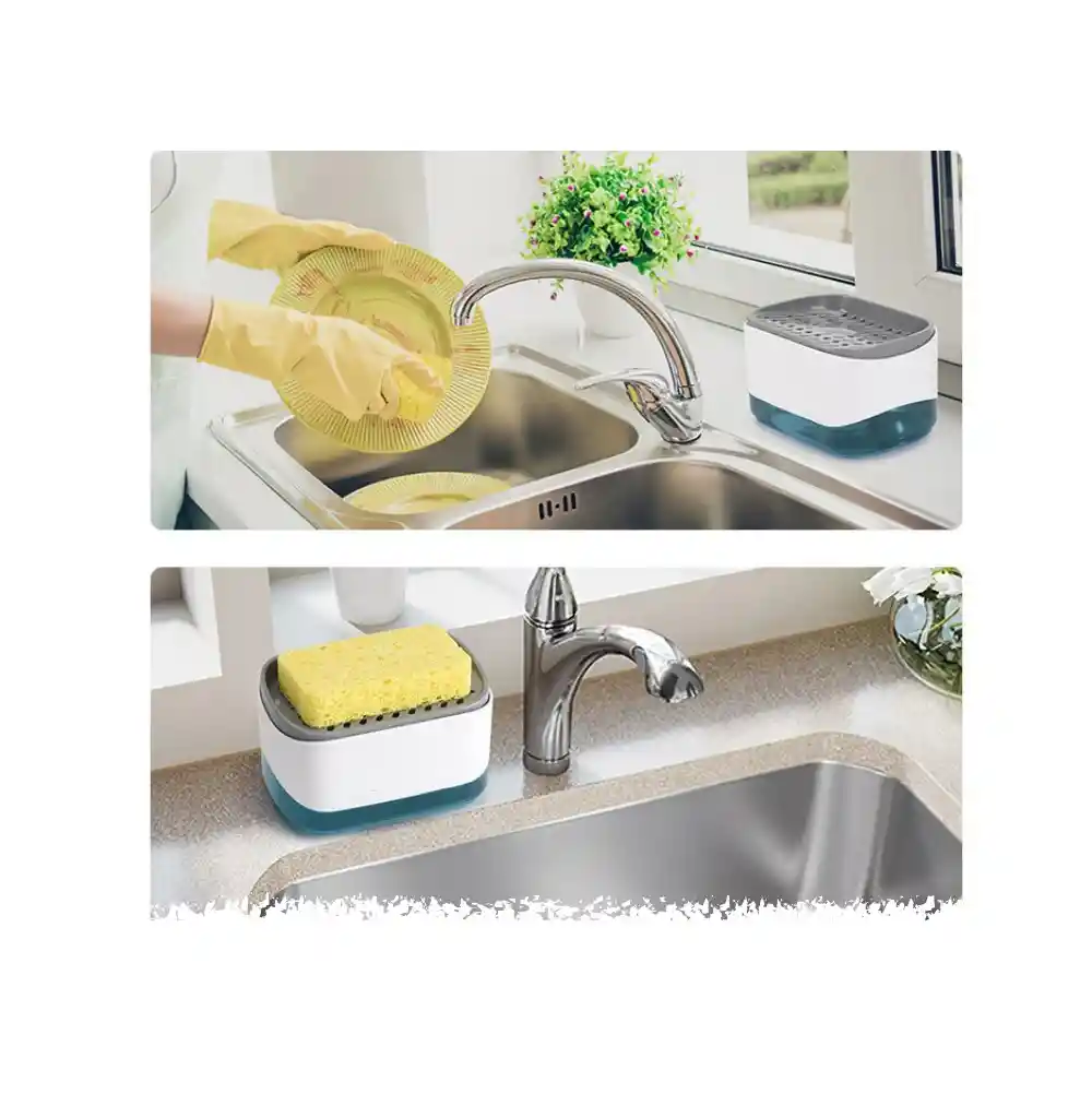 Dispensador De Jabon Liquido Lavaplatos Con Esponja Soporte Color Blanco