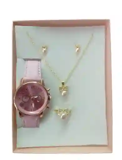 Kit Reloj Rosa Para Mujer + Juego De Collar Aretes Pulsera