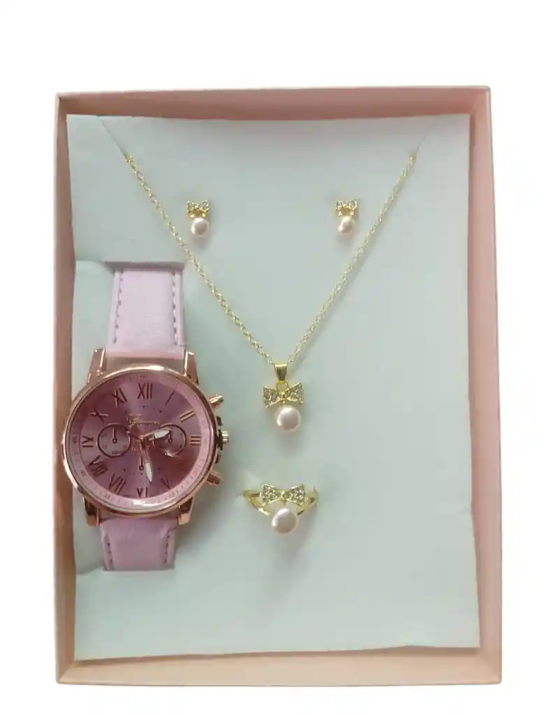 Kit Reloj Rosa Para Mujer + Juego De Collar Aretes Pulsera