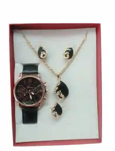 Kit Reloj Negro Para Mujer Reloj Dama Con Accesorios