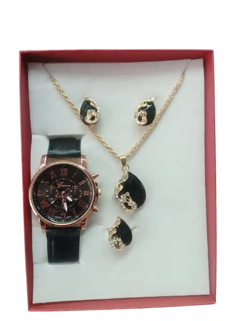 Kit Reloj Negro Para Mujer Reloj Dama Con Accesorios
