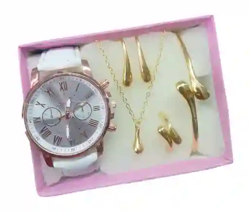 Set Reloj Para Mujer Dorado Con Collar Aretes Reloj