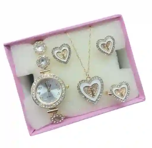 Kit Reloj Dorado Para Mujer + Juego De Collar Aretes Dorado