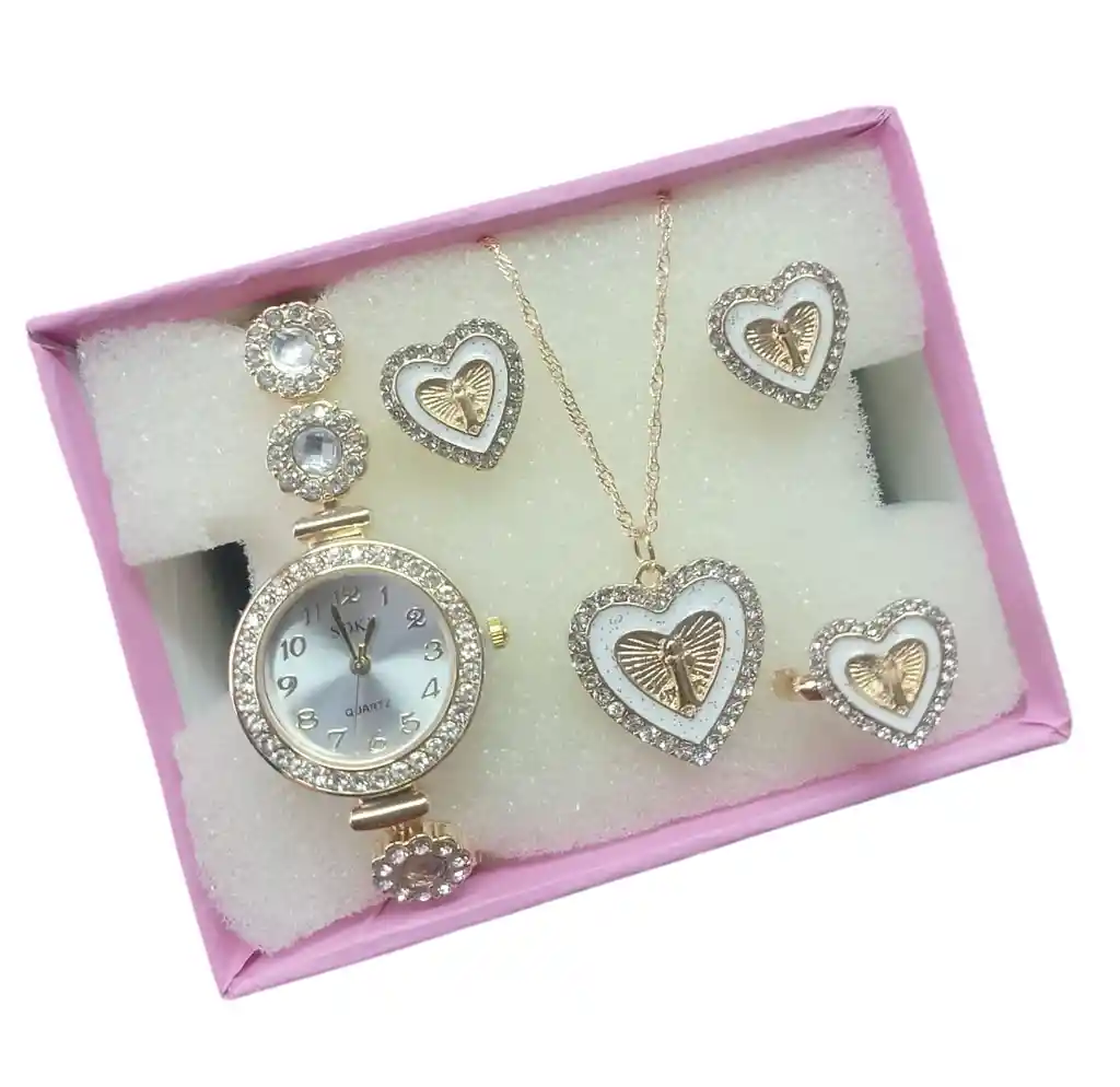 Kit Reloj Dorado Para Mujer + Juego De Collar Aretes Dorado