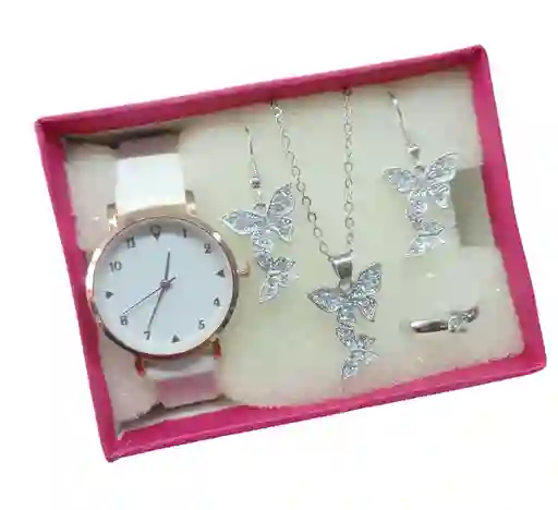 Kit Reloj Para Mujer Mariposa Blanco + Collar Aretes Senc