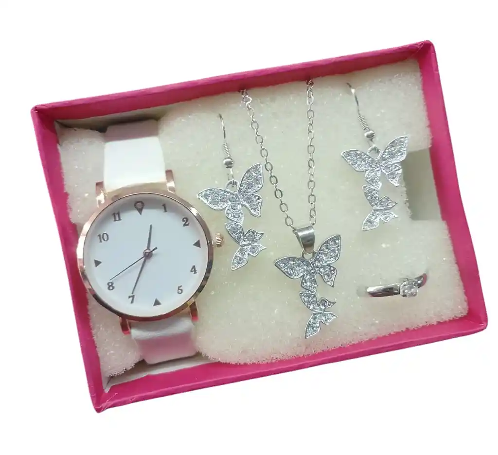 Kit Reloj Para Mujer Mariposa Blanco + Collar Aretes Senc