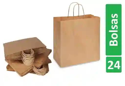 Bolsa De Papel Kraft X24 Unds Grandes 33x33x17cm Manija Trenzada Regalo Empaques Paquete