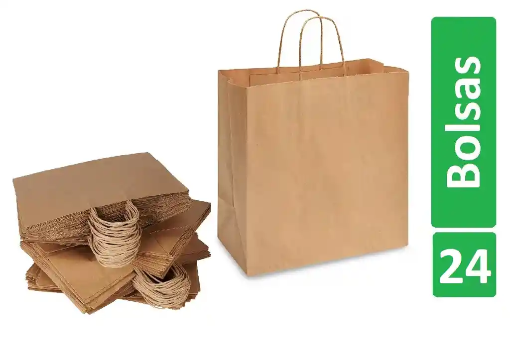 Bolsa De Papel Kraft X24 Unds Grandes 33x33x17cm Manija Trenzada Regalo Empaques Paquete