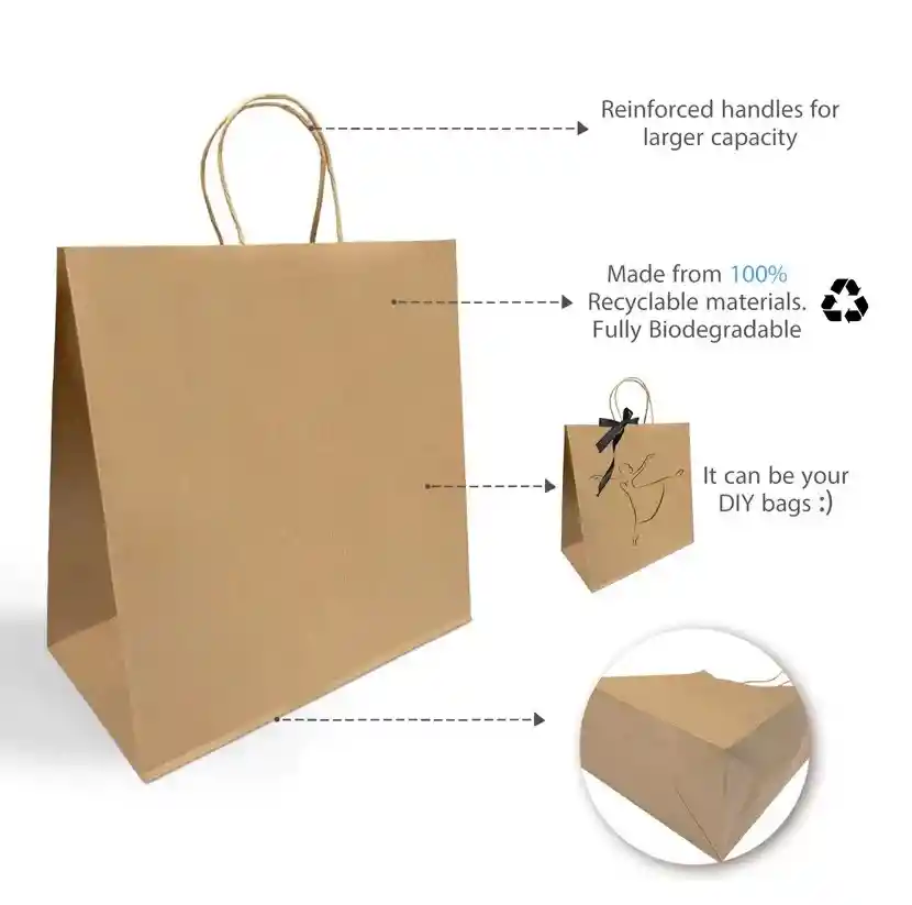 Bolsa De Papel Kraft X24 Unds Grandes 33x33x17cm Manija Trenzada Regalo Empaques Paquete