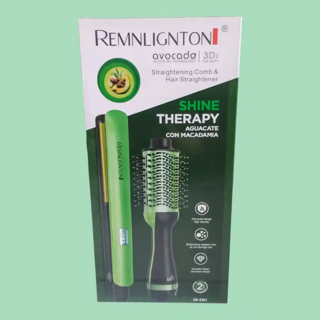Combo Plancha De Cabello + Cepillo Secador Linea Aguacate