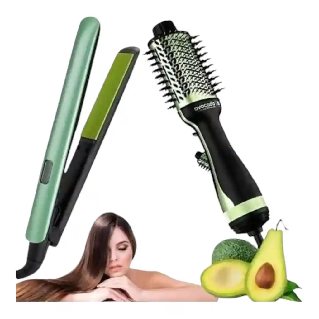 Combo Plancha De Cabello + Cepillo Secador Linea Aguacate