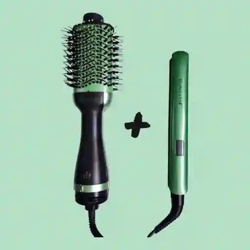 Combo Plancha De Cabello + Cepillo Secador Linea Aguacate