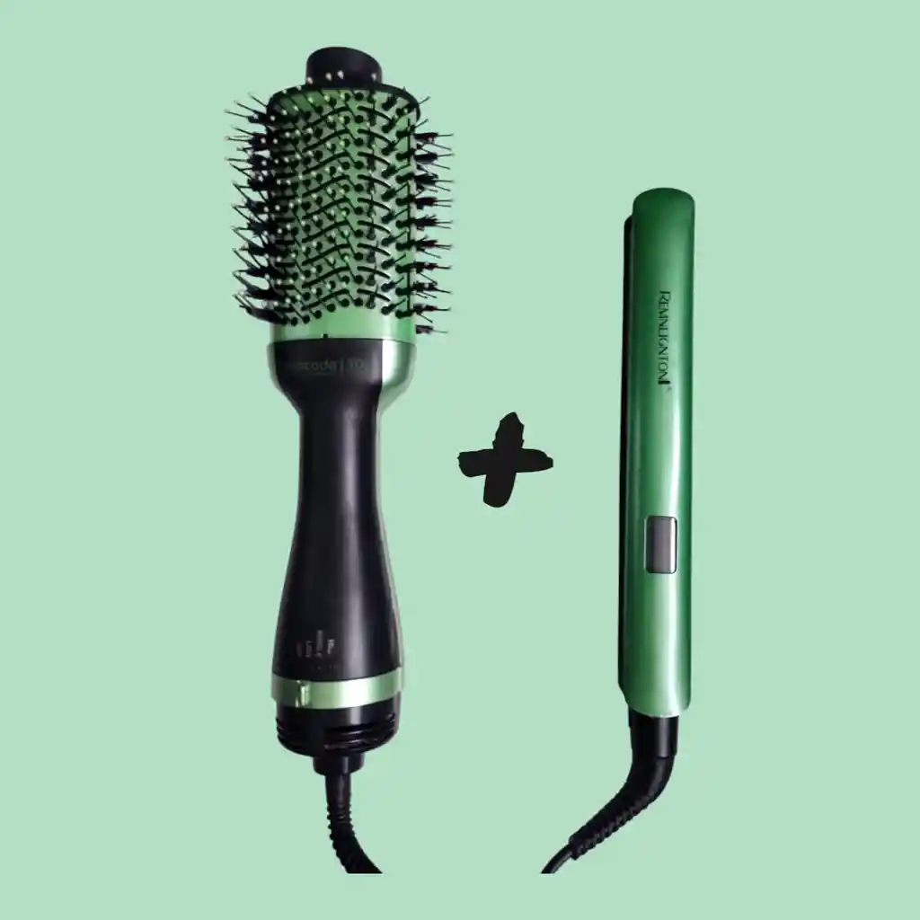 Combo Plancha De Cabello + Cepillo Secador Linea Aguacate