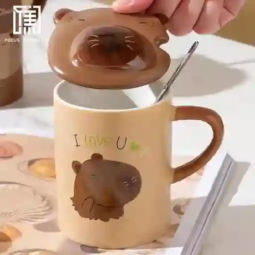 Mug Taza Pocillo Vaso Ceramica Motivo Capibara Chigüiro Con Cuchara Y Tapa
