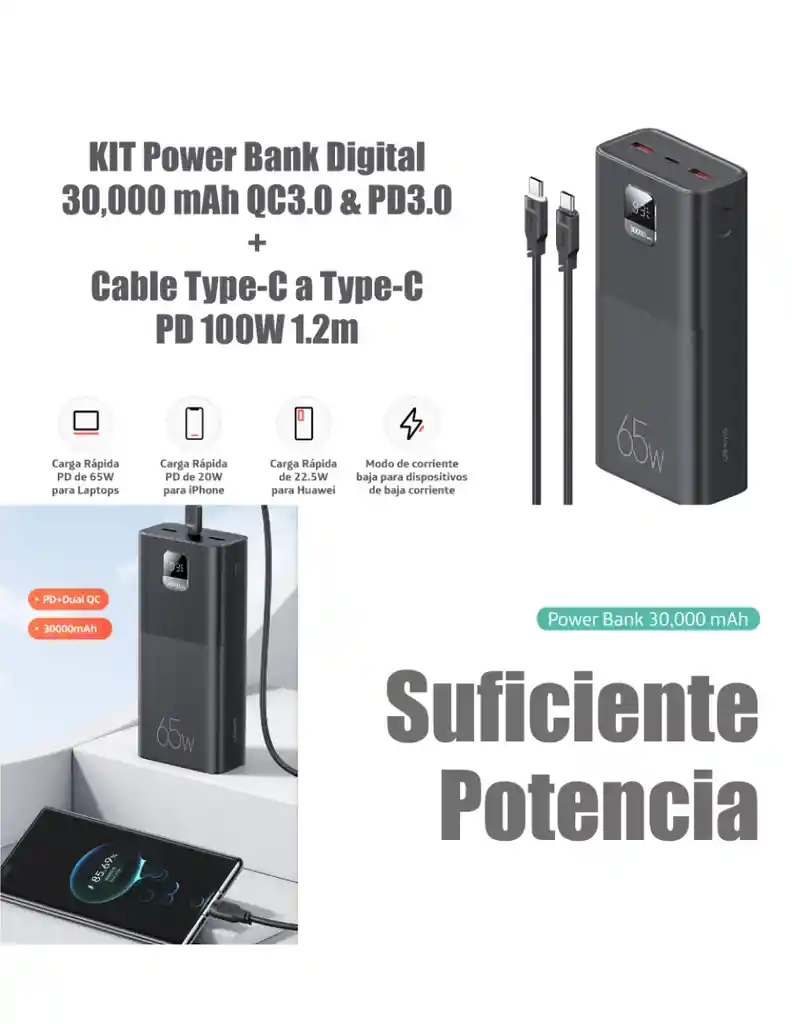 Bateria Portatil 30,000 Mah 65w Usams Con Cable Tipo C Pd 100w 1.2m Negro