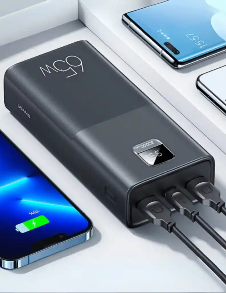 Bateria Portatil 30,000 Mah 65w Usams Con Cable Tipo C Pd 100w 1.2m Negro