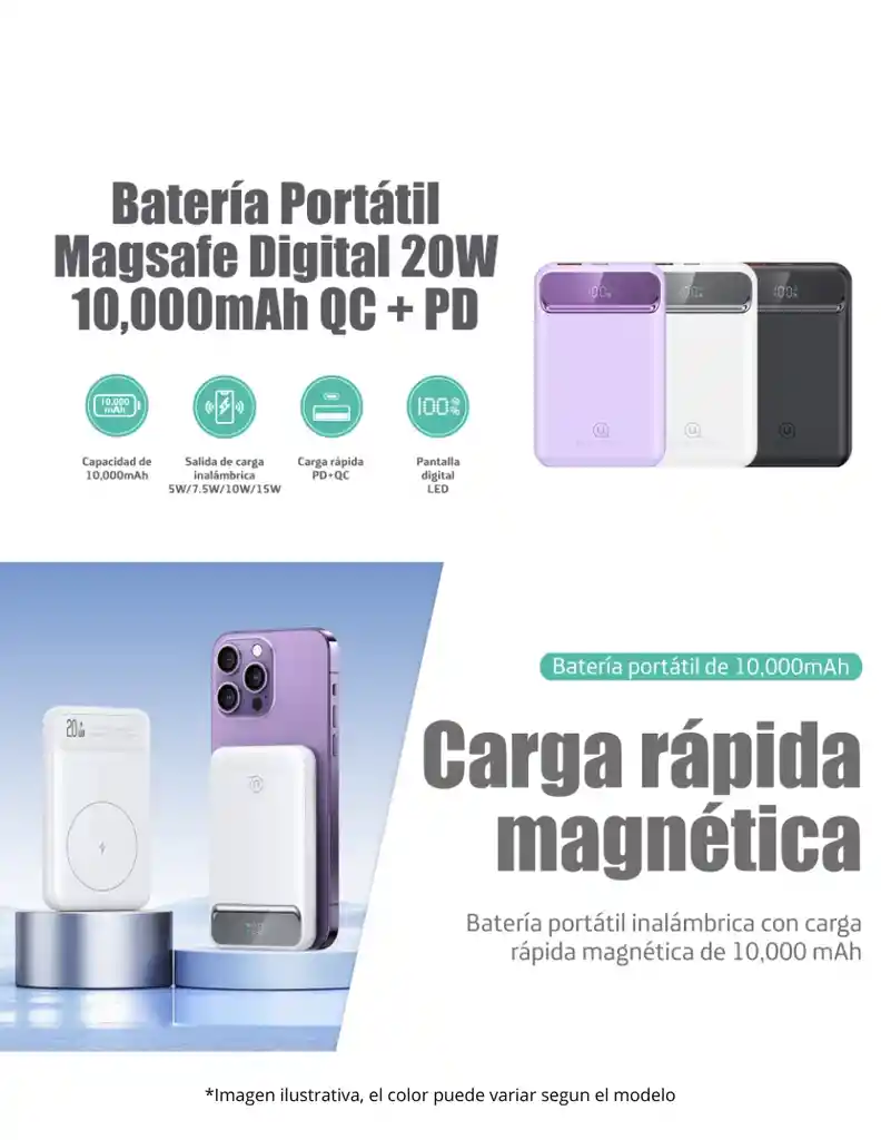 Batería Portátil Inalámbrica Magsafe Usams Digital 20w 10,000mah Morado