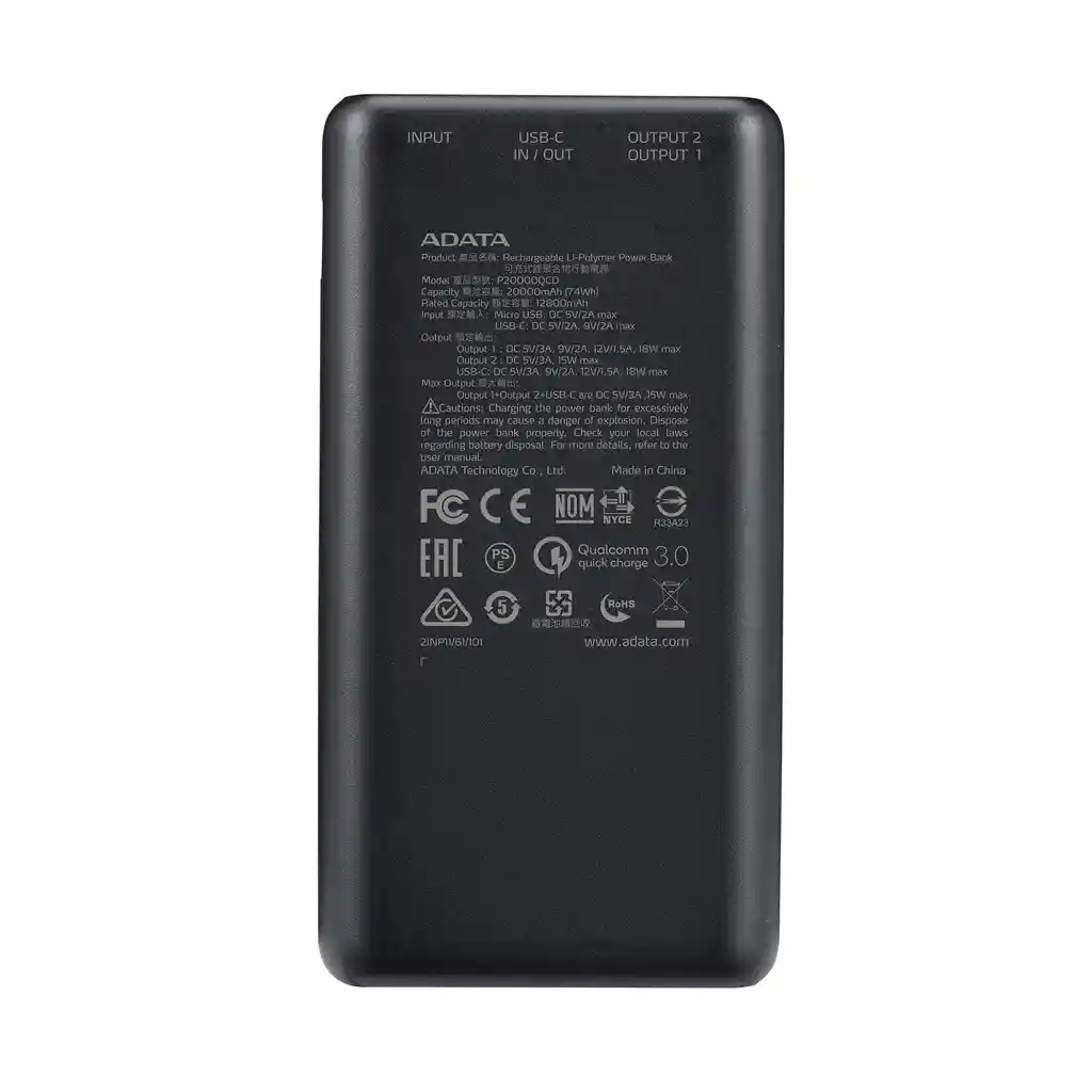 Power Bank Adata P20000 Qcd 20.000 Mah Negro