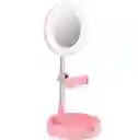 Espejo Con Luz Led Redondo Con Base Celular Rosado