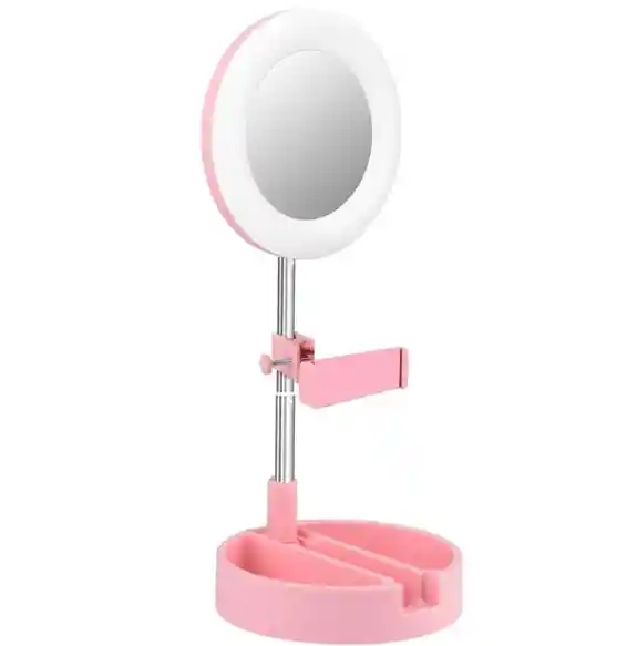 Espejo Con Luz Led Redondo Con Base Celular Rosado