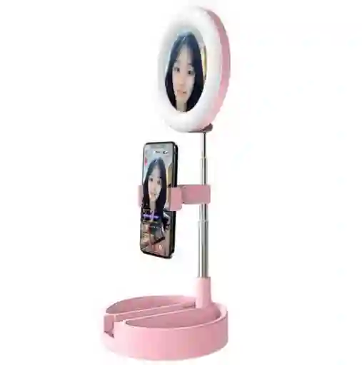 Espejo Con Luz Led Redondo Con Base Celular Rosado