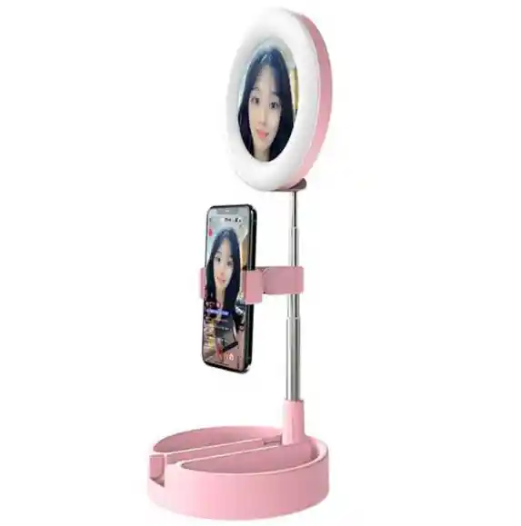 Espejo Con Luz Led Redondo Con Base Celular Rosado