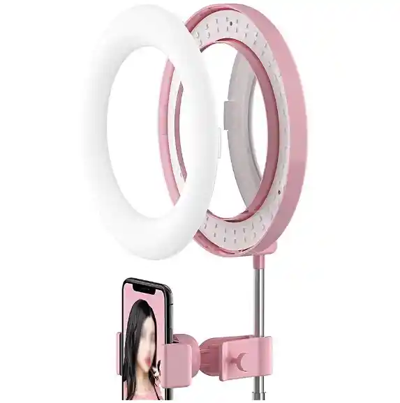 Espejo Con Luz Led Redondo Con Base Celular Rosado