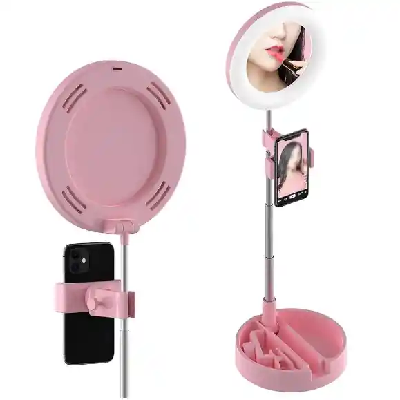 Espejo Con Luz Led Redondo Con Base Celular Rosado