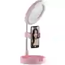 Espejo Con Luz Led Redondo Con Base Celular Rosado