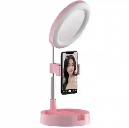 Espejo Con Luz Led Redondo Con Base Celular Rosado