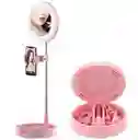 Espejo Con Luz Led Redondo Con Base Celular Rosado