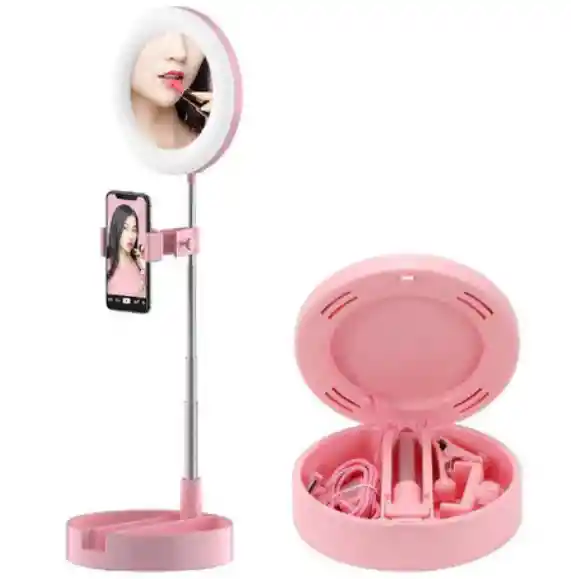 Espejo Con Luz Led Redondo Con Base Celular Rosado