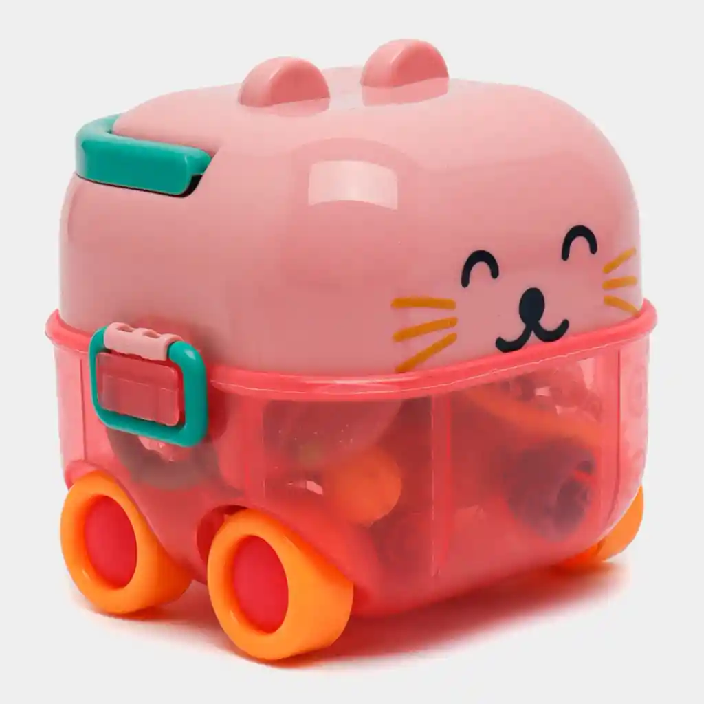 Estuche De Sonajeros Gato Rosa 5pz Caritas De Animales, Con Rascaencias, Hechos En Silicona De Grado Alimenticio Y Plástico Abs Sin Bpa, Estuche Con Luces Y Melodías