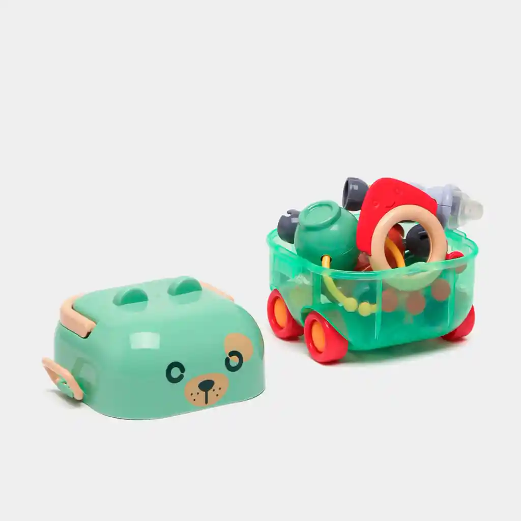 Estuche De Sonajeros Perrito Verde 5pz Caritas De Animales, Con Rascaencias, Hechos En Silicona De Grado Alimenticio Y Plástico Abs Sin Bpa, Estuche Con Luces Y Melodías
