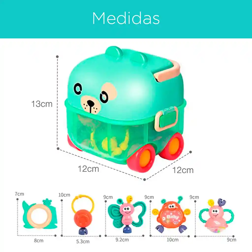 Estuche De Sonajeros León Amarillo 5pz Caritas De Animales, Con Rascaencias, Hechos En Silicona De Grado Alimenticio Y Plástico Abs Sin Bpa, Estuche Con Luces Y Melodías