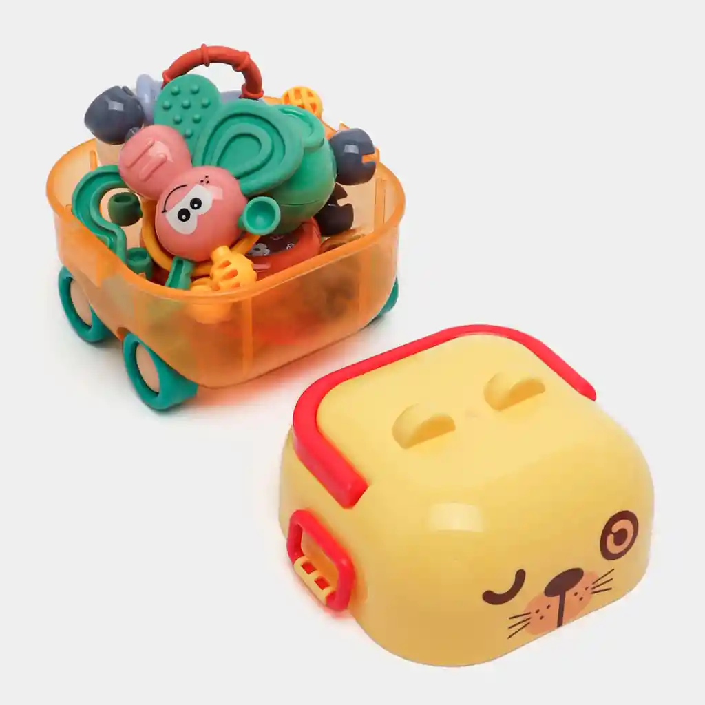Estuche De Sonajeros León Amarillo 5pz Caritas De Animales, Con Rascaencias, Hechos En Silicona De Grado Alimenticio Y Plástico Abs Sin Bpa, Estuche Con Luces Y Melodías