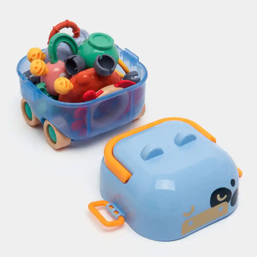Estuche De Sonajeros Vaquita Azul 5pz Caritas De Animales, Con Rascaencias, Hechos En Silicona De Grado Alimenticio Y Plástico Abs Sin Bpa, Estuche Con Luces Y Melodías