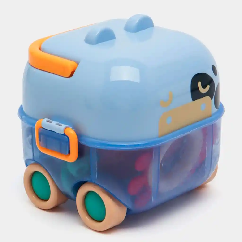 Estuche De Sonajeros Vaquita Azul 5pz Caritas De Animales, Con Rascaencias, Hechos En Silicona De Grado Alimenticio Y Plástico Abs Sin Bpa, Estuche Con Luces Y Melodías